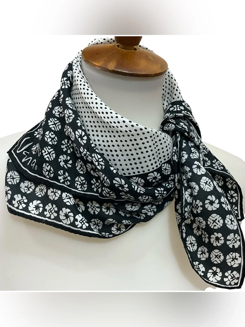Vintage Vera Neumann Scarf Black White Rayon Silk Geometric Japan 21” Square